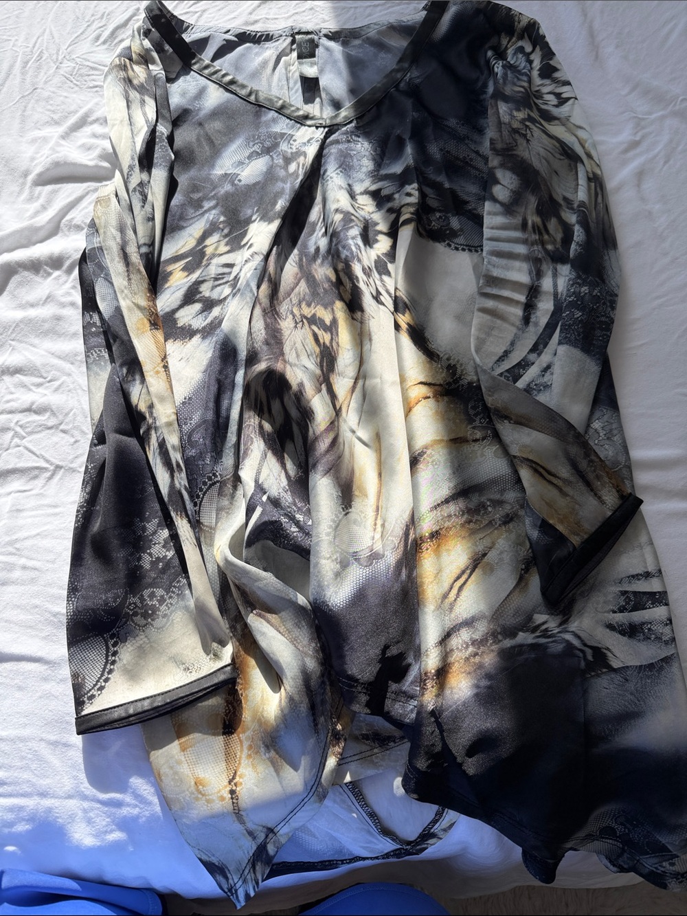 Sheer Abstract Print Blouse in Black, White & Gold